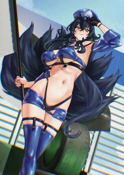 Rule 34 | 1girl, absurdres, alternate costume, animal ears, azur lane, baltimore (azur lane), baltimore (azur lane) (cosplay), baltimore (finish line flagbearer) (azur lane), bikini, black choker, blue bikini, blue eyes, blue jacket, breasts, checkered flag, choker, co loa castle (oshiro project), cosplay, cropped jacket, eggprotain, flag, fox ears, fox girl, fox tail, gloves, hat, highleg, highleg bikini, highres, jacket, kitsune, kyuubi, long hair, multiple tails, navel, official alternate costume, oshiro project:re, peaked cap, race flag, race queen, shorts, single glove, swimsuit, tail, unused tire