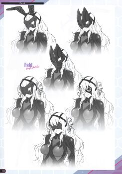 Rule 34 | 1girl, absurdres, alternate hairstyle, animal ears, artbook, bent over, bodysuit, breasts, concept art, curvy, fail (super robot wars x-omega), fake animal ears, foreshortening, gluteal fold, highleg, highleg leotard, highres, large breasts, leotard, lips, looking at viewer, mask, medium hair, monochrome, multiple views, non-web source, official art, pink hair, rabbit ears, reference sheet, revealing clothes, scan, see-through clothes, see-through leotard, shatte judevesten, shiny clothes, simple background, super robot wars, super robot wars x-omega, thighhighs, watanabe wataru (character designer)