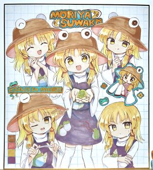 Rule 34 | + +, 1girl, :q, @ @, absurdres, animal, animal on hand, animal print, blonde hair, blush, brown hat, chakram, character name, chibi, chibi inset, commentary request, cross, dated, frog, frog print, hair ribbon, hat, highres, holding, holding chakram, holding weapon, interlocked fingers, long hair, long sleeves, looking at viewer, moriya's iron rings, moriya suwako, multiple views, open mouth, own hands together, print skirt, print vest, purple skirt, purple vest, ramudia (lamyun), red ribbon, ribbon, shikishi, skirt, skirt set, smile, thighhighs, tongue, tongue out, touhou, traditional media, translation request, tress ribbon, vest, weapon, white thighhighs, wide sleeves, yellow eyes