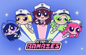 Rule 34 | 1boy, 4girls, antenna hair, bambietta basterbine, belt, black belt, black thighhighs, bleach, bleach: sennen kessen-hen, blonde hair, blue background, blue eyes, blue hair, blunt ends, bob cut, boots, brown eyes, brown hair, buckle, candice catnipp, commentary, dress, giselle gewelle, green eyes, green hair, hair between eyes, hat, heart, heart-shaped buckle, liltotto lamperd, long hair, meninas mcallon, meri~nu, military hat, military uniform, mini hat, multiple girls, open mouth, pink eyes, pink hair, pleated skirt, powerpuff girls, powerpuff girls (style), quincy (bleach), shirt, short hair, short sleeves, shorts, skirt, smile, smirk, sparkle, thighhighs, very long hair, wandenreich uniform, white boots, white dress, white hat, white shirt, white shorts, white skirt, yellow eyes