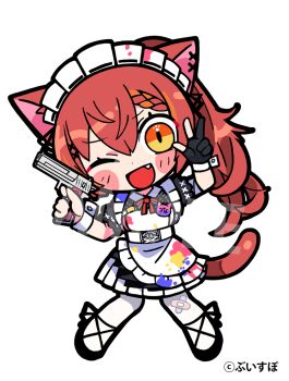 animal_ears apron black_dress cat_ears cat_girl cat_tail chibi chibi_only dress fang full_body gloves gun handgun holding holding_gun holding_weapon long_hair maid maid_headdress nekota_tsuna nekota_tsuna_(3rd_costume) one_eye_closed open_mouth orange_eyes pantyhose red_hair simple_background single_glove smile tail terada_tera virtual_youtuber vspo! w weapon white_apron white_background white_pantyhose