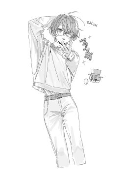 1boy arm_behind_head artist_name closed_mouth collared_shirt commentary_request glasses greyscale hair_between_eyes hand_up highres light_blush looking_at_viewer male_focus ml_rmi monochrome original pants shirt shirt_tucked_in short_hair simple_background straight_hair sweater tongue tongue_out tsurime undershirt v white_background