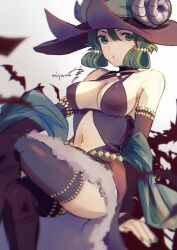 Rule 34 | 1girl, bare shoulders, breasts, cloak, covered erect nipples, crossed legs, fake horns, fingernails, freckles, green cloak, green eyes, green hair, green nails, hat, highres, horned hat, horned headwear, horns, long fingernails, looking at viewer, medium breasts, miyama (lacrima01), navel, nipples, o-ring strap, solo, stomach, thighhighs, unicorn overlord, witch hat, yahna (unicorn overlord)