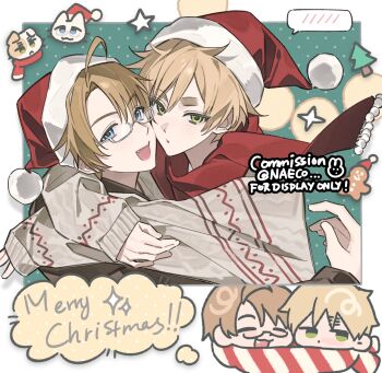 2boys ahoge america_(hetalia) axis_powers_hetalia blonde_hair blue_eyes blush chibi chibi_inset christmas closed_mouth evodtonaeco fang glasses green_eyes hair_between_eyes hat highres hug looking_at_viewer male_focus merry_christmas multiple_boys open_mouth red_hat red_scarf santa_hat scarf short_hair smile star_(symbol) sweater thick_eyebrows united_kingdom_(hetalia) yaoi