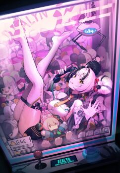 1girl :q bare_shoulders black_hair braid breasts character_doll character_name chinese_clothes commentary_request corded_phone crane_game detached_sleeves dialyn_(zenless_zone_zero) doll english_text highres holding holding_phone in_crane_game legs_up looking_at_viewer matsuhisa_(ryo-tsuda1) multicolored_hair necktie no_shoes phone shadow smile split-color_hair stuffed_toy thighhighs tongue tongue_out twin_braids white_hair white_thighhighs yellow_eyes yellow_necktie zenless_zone_zero zhao_(zenless_zone_zero)