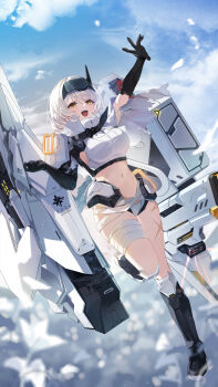 1girl absurdres bandaged_leg bandages breasts commentary_request goddess_of_victory:_nikke headgear highres large_breasts long_hair looking_at_viewer mechanical_arms mechanical_hands mechanical_legs myowa navel open_mouth outstretched_arm scar smile snow_white_(heavy_arms)_(nikke) snow_white_(nikke) solo stomach white_hair yellow_eyes