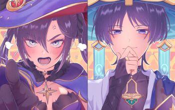 1boy 1girl anger_vein annoyed armor asymmetrical_bangs black_choker black_mouth blue_cape blue_hat blunt_bangs blunt_ends blush bodysuit bridal_gauntlets brooch cape choker closed_mouth covered_collarbone crescent crescent_hat_ornament eyelashes eyeliner eyeshadow frown fur_collar furrowed_brow genshin_impact gold_trim grey_bodysuit grey_bridal_gauntlets hair_between_eyes hand_on_own_chin hand_up hat hat_ornament highres index_finger_raised japanese_armor japanese_clothes jewelry jingasa kimono kote kurokote leotard long_hair looking_at_viewer lower_teeth_only makeup mona_(genshin_impact) naysucc notice_lines open_mouth parted_bangs pointing pointing_at_viewer puff_of_air purple_eyes purple_hair purple_hat purple_leotard purple_pupils red_eyeliner red_eyeshadow ringed_eyes sanpaku scaramouche_(genshin_impact) sidelocks smile sound_effects split_screen star_(symbol) star_brooch star_choker star_hat_ornament straight-on strapless strapless_leotard teasing teeth tongue triangle_background tsurime turtleneck turtleneck_bodysuit twintails wanderer_(genshin_impact) white_kimono witch_hat