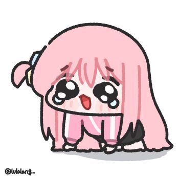 1girl all_fours black_eyes black_skirt bocchi_the_rock! chibi chibi_only full_body gotoh_hitori highres jacket long_hair looking_at_viewer lulalang meme one_side_up open_mouth pink_hair pink_jacket raised_inner_eyebrows simple_background skirt solo speakiposting_(meme) tearing_up trickcal twitter_username white_background