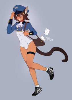 Rule 34 | 1boy, absurdres, black shoes, blue eyes, blue hat, blush, brown hair, bulge, cat boy, commission, crop top, dark-skinned male, dark skin, grey background, hair between eyes, hat, highres, legs, leotard, letter, long sleeves, love letter, mailman, matemi, original, oskar (coffee.png), second-party source, shoes, short hair, simple background, smile, socks, thigh strap, thighs, white leotard, white socks