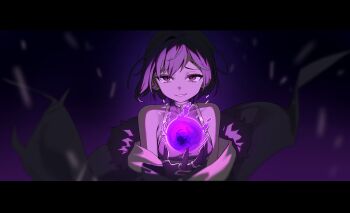 1girl absurdres bare_shoulders black_jacket blurry blurry_background breasts copyright_request depth_of_field fur-trimmed_jacket fur_trim gloves glowing hand_up highres jacket letterboxed looking_at_viewer off_shoulder purple_eyes purple_gloves purple_hair purple_shirt shirt sleeveless sleeveless_shirt small_breasts smile solo syhan upper_body