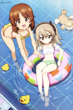 2girls :d absurdres anime_coloring artist_request bent_over bikini black_hairband black_ribbon boko_(girls_und_panzer) breasts brown_eyes brown_hair cleavage closed_mouth collarbone copyright_name copyright_notice from_above full_body girls_und_panzer girls_und_panzer_motto_love_love_sakusen_desu! hair_ribbon hairband highres light_blush long_hair looking_at_viewer looking_up magazine_scan megami_magazine multiple_girls navel nishizumi_miho official_art one_side_up open_mouth pool ribbon ripples rubber_duck scan shimada_arisu short_hair small_breasts smile soaking_feet stuffed_animal stuffed_toy swim_ring swimsuit teddy_bear third-party_source wading water wet wet_hair yellow_bikini