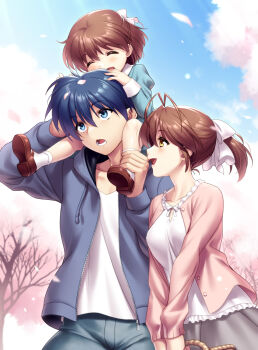 Rule 34 | 1boy, 2girls, :d, ^ ^, antenna hair, blue eyes, blue hair, blue jacket, blue sky, blush, brown eyes, brown footwear, brown hair, cardigan, carrying, casual, cherry blossoms, clannad, closed eyes, couple, cowboy shot, day, falling petals, family, father and daughter, furukawa nagisa, grey skirt, hair ornament, hair ribbon, half updo, happy, hetero, highres, hood, hooded jacket, husband and wife, jacket, long sleeves, looking up, lower teeth only, mother and daughter, multiple girls, okazaki tomoya, okazaki ushio, open clothes, open jacket, open mouth, outdoors, petals, pink cardigan, ponytail, profile, ribbon, shirt, short hair, shoulder carry, signature, skirt, sky, smile, spring (season), teeth, white ribbon, white shirt, zen (kamuro)