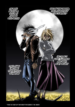 1boy 1girl ahoge alternate_costume antenna_hair arcueid_brunestud arima_miyako black_hair blonde_hair blue_eyes breasts brown_jacket cityscape colorized crossed_arms denim dress elyak english_text folding_knife frown full_moon hard-translated jacket jeans kirishima_takeru knife long_sleeves looking_at_viewer loose_bandages melty_blood moon nanatsu-yoru night night_sky official_art out_of_frame pants red_eyes shoes short_hair skirt sky smile sneakers sweater switchblade third-party_edit tohno_shiki tsukihime turtleneck