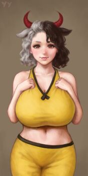 Rule 34 | 1girl, animal ears, bare arms, bare shoulders, black hair, blush, breasts, brown eyes, cleavage, contrapposto, cow ears, cow horns, cowboy shot, crop top, extra ears, grey hair, halterneck, hands on own chest, hands up, highres, horns, huge breasts, looking at viewer, midriff, mole, mole under eye, multicolored hair, self-upload, short hair, shorts, smile, solo, straight-on, touhou, two-tone hair, ushizaki urumi, wavy hair, yellow shorts, yyf (seaknight)