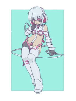1girl absurdres akanbe bondage_outfit boots commentary_request crotch_strap dohna_dohna_issho_ni_warui_koto_o_shiyou eyelid_pull flat_chest full_body grey_hair highres lock looking_at_viewer misfit_(user_vkus8445) multicolored_hair navel padlock pink_eyes pink_hair porno_(dohna_dohna) revealing_clothes short_hair solo thigh_boots tongue tongue_out two-tone_hair white_hair