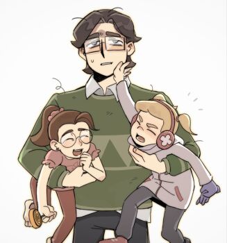 1boy 2girls blonde_hair blush brown_hair carrying child closed_eyes commentary earmuffs earrings evgeny_seleznev family father_and_daughter glasses gloves green_sweater highres jewelry messy_hair mother_and_daughter multiple_girls my_student_spirit ponytail short_hair siblings simple_background sweatdrop sweater symbol-only_commentary twintails white_background yy20251111