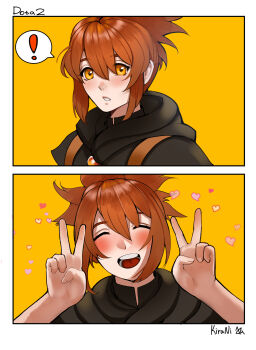 ! 1girl absurdres arms_up artist_name blush character_name closed_mouth commentary dota_(series) dota_2 english_commentary heart heart_print highres kirani looking_at_viewer marci_(dota) medium_hair open_mouth orange_hair simple_background smile solo teeth upper_body upper_teeth_only v yellow_background yellow_eyes