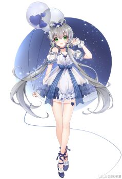 1girl 2018 :d absurdres ankle_ribbon balloon bare_shoulders black_choker black_footwear blue_bow blue_ribbon bow chinese_commentary choker circle commentary_request crossed_ankles detached_sleeves dress full_body green_eyes grey_hair hair_bow hair_rings hand_up happy_birthday highres holding holding_balloon leg_ribbon light_particles long_hair low_twintails luo_tianyi miaosha_piaoxue open_mouth puffy_short_sleeves puffy_sleeves ribbon see-through_clothes see-through_wrist_cuffs short_sleeves smile solo standing straight-on strapless strapless_dress twintails very_long_hair vocaloid vsinger_(vocaloid) white_background white_dress wrist_cuffs