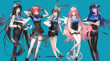 5girls absurdres amiya_(arknights) angel animal_ears arknights black_eyes black_hair black_halo black_pantyhose black_shirt black_skirt black_vest blue_background blue_eyes blue_hair breasts brown_hair chair closed_mouth commentary demon_horns demon_tail detached_wings english_commentary exusiai_(arknights) halo highres horns large_breasts lemuen_(arknights) lineup long_hair medium_breasts miniskirt mostima_(arknights) multiple_girls nishikikope official_art on_chair one_eye_closed orange_eyes pantyhose pencil_skirt pink_eyes pink_hair rabbit_ears rabbit_girl red_hair shirt short_hair side_ponytail sitting skirt tail thigh_strap thighhighs v very_long_hair vest virtuosa_(arknights) white_pantyhose white_shirt white_thighhighs wings