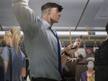 1boy 2boys 2girls absurdres arm_up armpits bag belt black_belt black_hair black_shirt blonde_hair blue_necktie blue_shirt cellphone closed_mouth collared_shirt earrings eyebrow_cut highres holding holding_phone jewelry male_focus multiple_boys multiple_girls necktie noomppan original people phone piercing ponytail profile shirt shirt_tucked_in short_hair short_sleeves shoulder_bag sitting solo_focus subway sweat_stain undercut watch white_shirt wristwatch