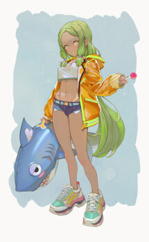 1girl blue_shorts blush breasts coat commentary_request covered_erect_nipples crop_top dark-skinned_female dark_skin exposed_pocket green_hair jacket micro_shorts midriff orange_coat orange_jacket original parted_lips raincoat shirt shoes shorts small_breasts smile sneakers solo stuffed_animal stuffed_shark stuffed_toy tan tanline white_shirt yellow_eyes yugen99