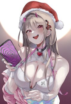 1girl breasts brown_hair cellphone cleavage commentary english_commentary goddess_of_victory:_nikke hair_ornament hat heart_collar highres hii_(motorholic) holding holding_phone horns hypnosis_app jacket large_breasts looking_at_viewer open_mouth phone pink_horns pink_jacket purple_eyes santa_hat small_horns smartphone smile snake_hair_ornament solo unzipping viper_(nikke)