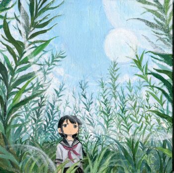 1girl arms_at_sides black_eyes black_hair black_sailor_collar black_skirt day expressionless highres neckerchief nihiru0513 original outdoors painting_(medium) plant red_neckerchief sailor_collar school_uniform serafuku shirt short_sleeves skirt sky solo traditional_media white_shirt