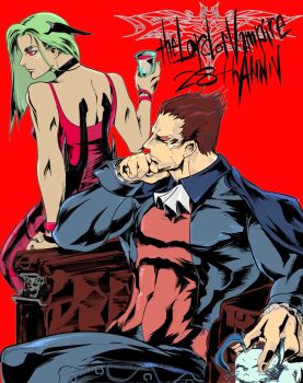 Rule 34 | alternate costume, bare shoulders, blue bodysuit, blue cape, bodysuit, brown hair, cape, cup, darkstalkers, demitri maximoff, demon girl, demon wings, green hair, head wings, highres, holding, holding cup, morrigan aensland, multiple wings, nishi24 (hiroki nishi), red background, red eyes, red tank top, simple background, tank top, wings