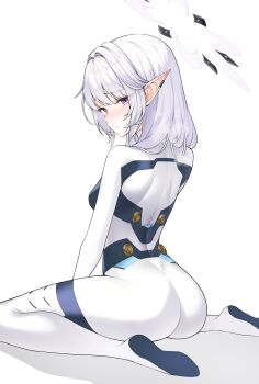 1girl absurdres ass battlesuit black_halo blue_archive bodysuit commentary_request earclip from_behind halo highres himari_(armed)_(blue_archive) himari_(blue_archive) multicolored_halo official_alternate_costume pointy_ears sitting solo two-tone_halo wariza white_bodysuit white_hair white_halo yaho_(a01085748817)