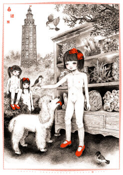 10s 2016 3girls animal animal_on_arm bird bird_on_arm black_eyes black_hair blush bow building bush collarbone crystal dog flag flat_chest fractal_underground_studio hair_bow kneehighs loli long_hair looking_down monochrome multiple_girls navel nipples nude original poodle pussy red_bow rock ryouunkaku shelf short_hair sitting skyscraper smile socks spot_color standing tower twintails union_jack white_socks