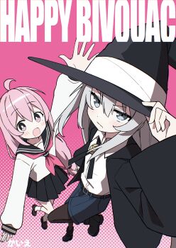 2girls :d absurdres arm_up belt belt_buckle black_belt black_boots black_hat black_jacket black_pantyhose black_sailor_collar black_shoes black_skirt blue_shorts blush boots buckle closed_mouth collared_shirt commentary_request cover cover_page dress_shirt grey_eyes grey_hair hair_between_eyes halftone halftone_background hand_on_headwear hat highres jacket kaie loafers long_hair long_sleeves multiple_girls neckerchief open_clothes open_jacket open_mouth original pantyhose pantyhose_under_shorts pink_background pink_eyes pink_hair pink_neckerchief pleated_skirt puffy_long_sleeves puffy_sleeves sailor_collar school_uniform serafuku shirt shoes shorts skirt smile socks very_long_hair wavy_mouth white_shirt white_socks witch_hat