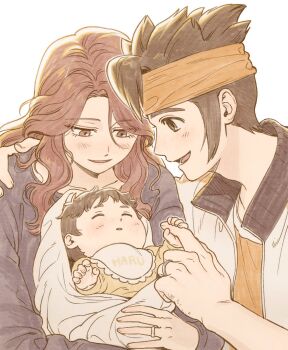 1girl 2boys aged_down baby black_hair brown_eyes brown_hair character_name commentary_request endou_haru endou_mamoru father_and_son gatan666 headband highres inazuma_eleven_(series) inazuma_eleven_go inazuma_eleven_victory_road long_hair mother_and_son multiple_boys raimon_natsumi simple_background smile white_background