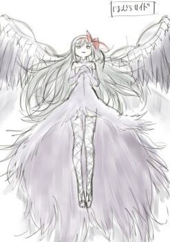 1girl akemi_homura akuma_homura argyle_clothes argyle_thighhighs bare_shoulders black_collar black_dress black_gloves black_hair black_shoes black_wings bow collar commentary_request concept_art detached_collar dot_nose dress elbow_gloves feather-trimmed_dress feathered_wings floating full_body gloves grey_thighhighs hair_bow hairband hand_on_hand hands_on_own_chest high_collar long_hair looking_at_viewer mahou_shoujo_madoka_magica mahou_shoujo_madoka_magica:_hangyaku_no_monogatari official_art open_door open_mouth own_hands_together purple_eyes red_bow red_hairband shoes sketch smile solo spread_wings straight-on strapless strapless_dress taniguchi_jun&#039;ichirou thighhighs translated very_long_hair white_background wings zettai_ryouiki