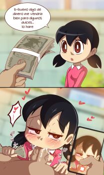 1boy 1girl 2koma absurdres after_fellatio age_difference akatosh_el_shota_furro before_and_after black_hair blurry blurry_background blush breasts brown_eyes camera_phone cellphone censored clothes_lift comic cum cum_in_mouth doraemon dress dress_lift eyebrows eyelashes fellatio from_above half-closed_eyes hetero highres holding holding_money holding_phone loli long_sleeves looking_at_object low_twintails medium_hair minamoto_shizuka money mosaic_censoring nipples no_bra open_mouth oral outdoors penis phone pink_dress pov pov_crotch pov_hands prostitution short_twintails size_difference small_breasts solo_focus tears third-party_edit translated twintails upper_body viewfinder