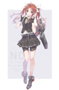 1girl bike_shorts bike_shorts_under_skirt black_skirt black_vest brown_hair colis collared_shirt commentary_request dress_shirt hair_ribbon highres index_finger_raised kagerou_(kancolle) kagerou_kai_ni_(kancolle) kantai_collection long_hair pleated_skirt purple_eyes ribbon rigging shirt skirt solo v vest watermark white_ribbon white_shirt