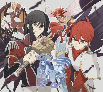 Rule 34 | 2boys, 3girls, absurdly long hair, absurdres, adol christin, armor, black hair, blonde hair, blue eyes, blue skin, blurry, blurry foreground, claws, closed mouth, coat, colored skin, commentary request, dark-skinned female, dark skin, epaulettes, ernst (ys), fairy, fang, gem, george man, grey background, grey eyes, hair between eyes, head wings, highres, holding, holding sword, holding weapon, jue (ys), long hair, military uniform, multiple boys, multiple girls, open mouth, pauldrons, purple gemstone, red coat, red hair, sera (ys), short hair, shoulder armor, smile, sword, v-shaped eyebrows, very long hair, weapon, wings, xisa (ys), yellow eyes, ys, ys vi: the ark of napishtim