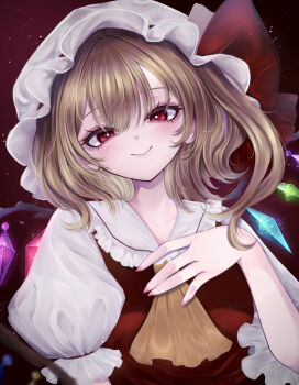 1girl absurdres ascot blonde_hair blush bright_pupils collarbone commentary crystal_wings flandre_scarlet frilled_hat frilled_sailor_collar frills hair_between_eyes hand_on_own_chest hat hat_ribbon highres looking_at_viewer mob_cap one_side_up puffy_short_sleeves puffy_sleeves red_eyes red_ribbon red_vest ribbon rinea_(ywyh8784) sailor_collar shirt short_sleeves smile solo touhou upper_body vest white_hat white_pupils white_shirt wings yellow_ascot