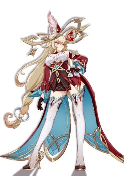 Rule 34 | 1girl, absurdres, alice (genshin impact), bare shoulders, black gloves, blonde hair, breasts, cleavage, closed mouth, commentary, contrapposto, detached sleeves, dress, full body, genshin impact, gloves, hair between eyes, hand on own hip, high heels, highres, large breasts, long hair, long sleeves, looking to the side, pointy ears, pyro symbol (genshin impact), red dress, red sleeves, simple background, smile, solo, standing, strapless, strapless dress, sylux, thighhighs, very long hair, vision (genshin impact), white background, white thighhighs