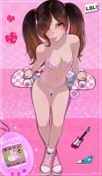1girl absurdres anus belle_delphine bikini bracelet breasts clothes_writing commentary from_above hair_over_one_eye heart highres horns jewelry long_hair medium_breasts pink_hair pink_shoes pussy real_life red_horns red_nails shadman shoes sitting skateboard sneakers solo swimsuit symbol-only_commentary tamagotchi_(virtual_pet) twintails vans virtual_pet_(toy) white_bikini