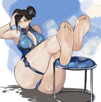 1girl absurdres alternate_costume ass barefoot black_eyes black_hair blue_one-piece_swimsuit blush capcom chun-li curvy double_bun feet hair_bun highleg highleg_one-piece_swimsuit highres huge_ass long_hair looking_at_viewer miao_jiangyou official_alternate_costume one-piece_swimsuit smile soles steam street_fighter sweat swimsuit thong_one-piece_swimsuit toes wide_hips