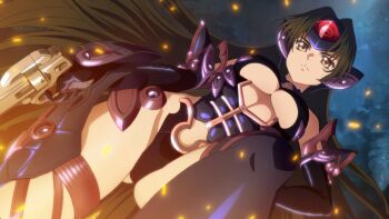 1girl armor artist_request black_hair black_thighhighs breasts closed_mouth commentary cosplay cowboy_shot english_commentary from_below game_asset gun holding holding_gun holding_weapon long_hair looking_at_viewer looking_down medium_breasts official_art solo standing t-elos t-elos_(cosplay) tales_of_(series) tales_of_berseria tales_of_the_rays thighhighs third-party_source underboob velvet_crowe very_long_hair weapon xenosaga xenosaga_episode_iii yellow_eyes