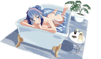 1girl ahoge alternate_hairstyle ass barefoot bath bathing blue_hair blush breasts clenched_teeth commentary_request completely_nude cup donut drinking_straw feet_up flower_pot food fruit full_body grin hair_bun half-closed_eyes highres large_breasts lemon lemon_slice looking_at_viewer lying make_heroine_ga_oo_sugiru! medium_hair nude on_stomach partially_submerged pastry_box plant potted_plant round_table seductive_gaze seductive_smile simple_background smile soles solo table teeth the_pose tile_floor tiles towel towel_on_head vbpicture water white_background yanami_anna