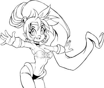 breasts choker circlet cleavage cleft_of_venus earrings highres hoop_earrings jewelry large_breasts long_hair looking_at_viewer midriff navel outstretched_arms pointy_ears ponytail shantae shantae_(series) sketch spread_arms teevo underboob wrist_cuffs