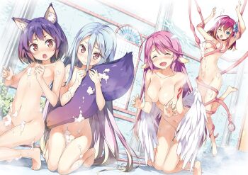 4girls :3 :d age_difference animal_ear_fluff animal_ears barefoot bathing bathroom blue_eyes blush breasts chestnut_mouth kodomo_doushi closed_eyes collarbone convenient_arm convenient_censoring drooling dutch_angle embarrassed feet flat_chest flower fox_ears fox_tail gradient_hair hair_flower hair_ornament hatsuse_izuna highres holding_another&#039;s_tail hugging_another&#039;s_tail hugging_tail indoors jibril_(no_game_no_life) kantoku kneeling loli long_hair looking_at_viewer low_wings medium_breasts multicolored_hair multiple_girls navel no_game_no_life nude one_eye_closed onee-loli open_mouth purple_hair red_eyes red_hair revision shiro_(no_game_no_life) silver_hair smile soap_bubbles soap_censor stephanie_dora suggestive_fluid tail tail_fondling tattoo tentacles very_long_hair white_wings wing_censor wings yuri