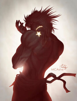 absurdres belt birthmark dio_brando dio_brando&#039;s_pose from_behind highres joestar_birthmark jojo_no_kimyou_na_bouken jojo_pose male_focus mcashe medium_hair messy_hair muscular muscular_male scar scar_on_neck signature solo stardust_crusaders topless_male upper_body