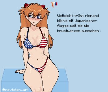 1girl :/ american_flag american_flag_bikini american_flag_print arm_support bikini blue_background blue_eyes blush box breasts cleavage collarbone color_guide commentary cowboy_shot english_commentary flag_print flag_print_bikini german_text hair_ornament interface_headset_(evangelion) long_hair looking_to_the_side medium_breasts navel neon_genesis_evangelion nevtelen nose_blush on_box orange_hair pixel_art print_bikini simple_background sitting sitting_on_box solo souryuu_asuka_langley swimsuit twitter_username watermark