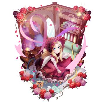 1girl annoyed artist_request bird_girl bird_wings blonde_hair blue_eyes blush bow bowtie child closed_mouth curtained_hair dress eyelashes feathered_wings filo_(tate_no_yuusha_no_nariagari) flower flower_request frilled_dress frills from_above full_body game_cg gothic_lolita hairband heart indoors light_particles lolita_fashion lolita_hairband long_dress long_hair long_sleeves looking_at_viewer looking_up mirror official_alternate_costume official_art pink_dress pink_flower pink_hairband pout red_bow red_bowtie red_flower red_rose rose simple_background skirt_hold solo sparkle straight_hair tate_no_yuusha_no_nariagari tate_no_yuusha_no_nariagari_rerise transparent_background unworn_dress white_wings wing_hairpin wings