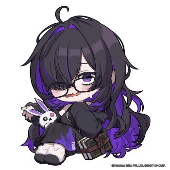 1girl black-framed_eyewear black_dress black_slippers book breasts commentary dress english_commentary glasses goddess_of_victory:_nikke hair_over_one_eye hand_up highres label_(nikke) large_breasts long_hair looking_at_viewer multicolored_hair nervous_smile no_nose official_art purple_eyes purple_hair sitting sleeveless sleeveless_dress sleeves_past_fingers sleeves_past_wrists slippers smile solo stuffed_animal stuffed_rabbit stuffed_toy sweat totatokeke two-tone_hair very_long_hair wavy_mouth