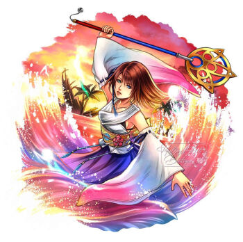 Rule 34 | 1girl, bare shoulders, beads, brown hair, detached sleeves, final fantasy, final fantasy x, hair beads, hair ornament, hakama, hakama skirt, heterochromia, hollypolllyy, japanese clothes, jewelry, looking at viewer, necklace, nomura tetsuya (style), nontraditional miko, obi, obidome, obijime, ocean, outdoors, pyrefly, sash, scene reference, skirt, sky, solo, staff (ff10), sunset, twilight, water, watermark, waves, white sleeves, wide sleeves, yuna (ff10)