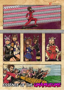 1boy afro animal_ears arktoons baseball_bat beard brown_hair chinstrap_beard commentary daiwa_scarlet_(peak_blue)_(umamusume) daiwa_scarlet_(umamusume) english_commentary facial_hair formal_clothes gold_ship_(red_strife)_(umamusume) gold_ship_(umamusume) hero&#039;s_bat highres holding holding_baseball_bat horse_ears horse_girl horse_tail jacket kasuga_ichiban mejiro_mcqueen_(umamusume) multicolored_hair red_jacket red_suit ryuu_ga_gotoku_(series) shirt special_week_(umamusume) suit tail tokai_teio_(peak_joy)_(umamusume) tokai_teio_(umamusume) umamusume vodka_(umamusume) whistle white_shirt yakuza